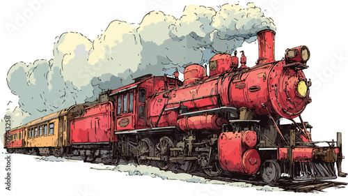 Red Train with Front Train and Smoke, Transportation Industry Illustration