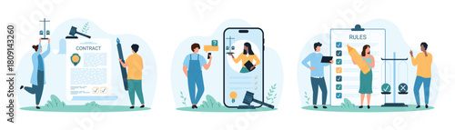 Online legal advice, lawyers assistance and notary service set. Tiny people sign paper agreement of deal with pen, speak with expert on smartphone screen, mark rules cartoon vector illustration