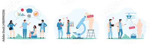 Shortage of medical staff, reduction of salary set. Tiny people carry test tubes with patient sample tests to wanted employee working with microscope, examine xray cartoon vector illustration