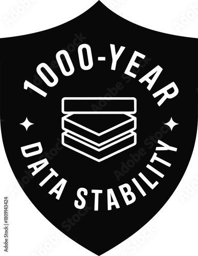 solid black 1000-year data stability shield icon, flat design, single shape, minimalist data protection symbol, eternal archive shield, transparent background, long-term storage