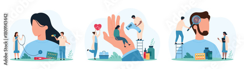 Diagnosis and treatment of respiratory diseases set. Tiny people examine pain spot on human head, check lung health with stethoscope, doctors diagnose fever symptoms cartoon vector illustration