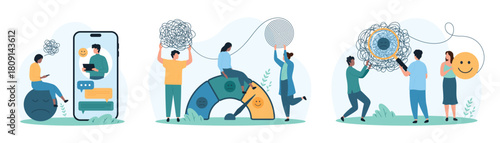 Therapy for mental health problems, psychotherapy set. Tiny people research chaos of threads with magnifying glass online, change mood of patient with speedometer scale cartoon vector illustration