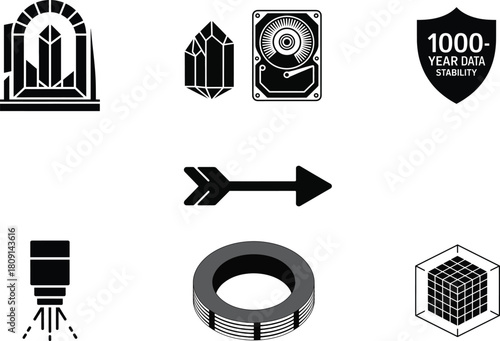 Holographic Memory Crystals Bundle—archival crystal vault, crystal vs HDD size comparison, 1000-year data stability shield, holographic read beam arrow, femtosecond laser pulse and more