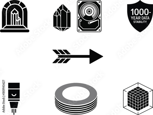 holographic memory icon bundle, solid black flat icons, archival crystal storage symbols, femtosecond laser pulse, read beam arrow, petabyte ring, data voxel cube, 1000-year shield, optical layer disc