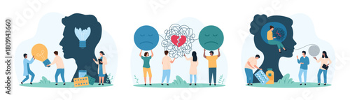 Therapy for mental health problems set. Tiny people untangle messy tangled thread and conflict of couple, replace dark broken light bulb with bright lamp inside human head cartoon vector illustration