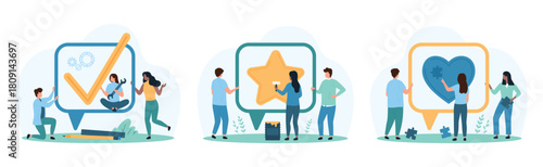 Chat messages, comment in social media, customer feedback set. Tiny people and speech bubbles with check mark, heart and gold star of users good assessment about product cartoon vector illustration