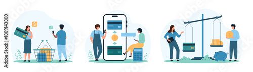 Payment planning set. Tiny people weigh credit card and coins on balance scales, transfer, send and receive money in bank mobile app, pay for purchases on shopping cartoon vector illustration
