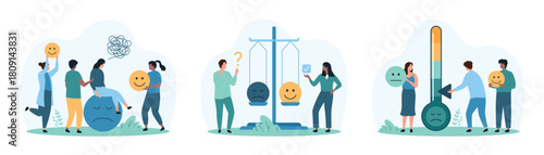 Satisfaction survey with emoji of customers mood from product or service experience set. Tiny people try to change sad emotions, weigh positive negative emoticons on scales cartoon vector illustration