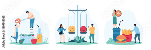 Comparison between unhealthy and healthy food set. Tiny people compare bad and good choice of diet, choose to eat hamburger, donut and fries or cook vegetable salad cartoon vector illustration