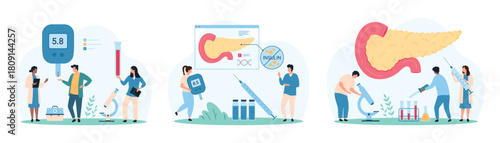 Diagnosis and treatment of pancreatic diseases set. Tiny people with microscope study pancreas of patient and diabetes reasons, test blood on sugar level with glucometer cartoon vector illustration