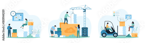 Paperwork, bureaucracy, data storage and organization of documents set. Tiny people load stack of paper sheets, folders and books with forklift and construction crane cartoon vector illustration