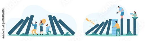 Proactive crisis management, success strategy set. Tiny people building brick wall to avoid business failure, work on idea to stop domino falling effect, overcome crisis cartoon vector illustration