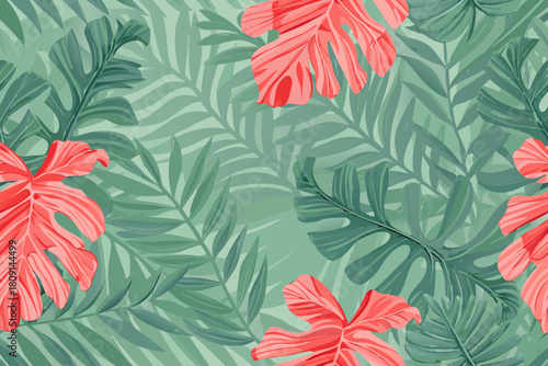 Vibrant Tropical Leaves in Coral Red and Deep Green pattern jungle