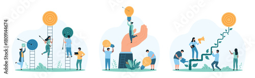 Success goal achievement set. Tiny people climb up ladders to reach target with arrow, grow steps of career stairs from plant, giant hand holding woman with light bulb cartoon vector illustration