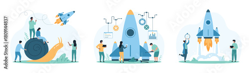 New project launch, system optimization and update, boost of creative ideas set. Tiny people repair speed rocket before launch, ride snail to win business competition cartoon vector illustration