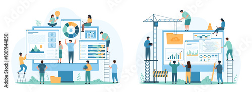 Online website development set. Tiny people build new site with help of construction crane, software windows with video content, folders and charts on computer monitor cartoon vector illustration