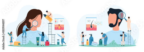 Diagnosis and treatment of skin and hair problems, dermatology set. Tiny people study female face skin through magnifying glass to check acne, alopecia on male patient head cartoon vector illustration