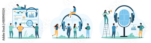 Recording and listening, editing, mixing sound in software, mobile app set. Tiny people record and listen audio files with headphones and microphone, edit with equalizer cartoon vector illustration