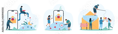 Spam notifications overload set. Tiny people with magnifying glass study mail letters from spam pile, user drowning in pile of emails, hacker catching personal data cartoon vector illustration