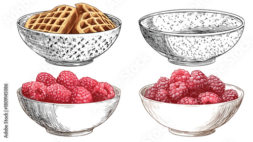 Delicious Variety: Four Bowls of Food with Waffles and Raspberries