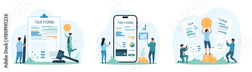 Tax payment, accounting set. Tiny people cut tax invoice to reduce taxation, calculate and pay money on bill on phone screen, check cost of monthly deductions in statement cartoon vector illustration