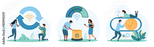 Control settings set. Tiny people move slider with check mark to activate mobile application, push power button to connect to wifi hotspot, start update with spin arrows cartoon vector illustration