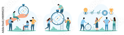 Time management, business task organization, motivation training set. Tiny people with pencil check milestones progress, measure countdown interval to deadline with timer cartoon vector illustration