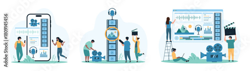 Video editing, film montage set. Tiny people control sound and video visual settings, cut frames and edit movie with mobile app on big phone screen or editor software cartoon vector illustration