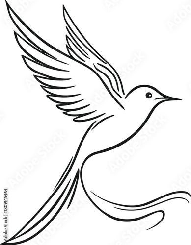 Continuous-line bird in flight where the wing transforms into a flowing ribbon-like pattern, symbolizing freedom 2