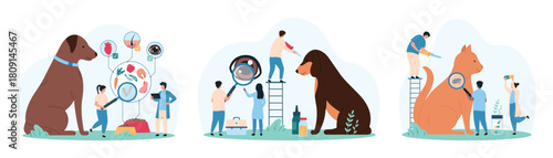 Medical examination of pet in vet hospital set. Tiny people with magnifying glass check dogs eye health and sick fur of cats for fleas, study dry animals food in bowl cartoon vector illustration