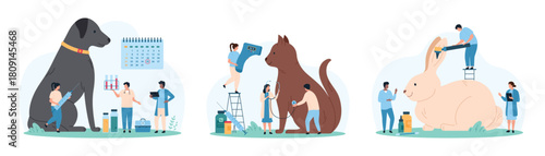 Medical examination of pet in vet hospital set. Tiny people with infrared thermometer and stethoscope check cats health, make otoscope exam and vaccination on date cartoon vector illustration
