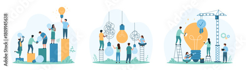 Creative business idea achievement, improvement set. Tiny people climb chart bars with light bulbs to top, untangle wires to simplify complex task to easy, repair lamp cartoon vector illustration