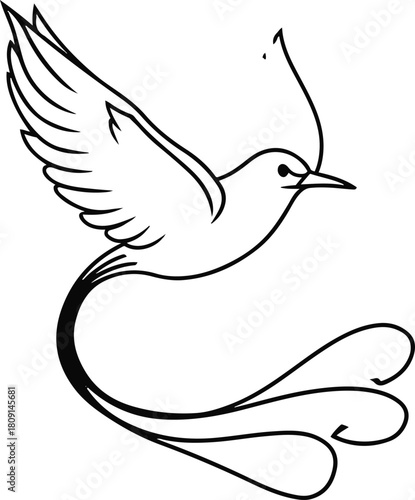 Continuous-line bird in flight where the wing transforms into a flowing ribbon-like pattern, symbolizing freedom 3