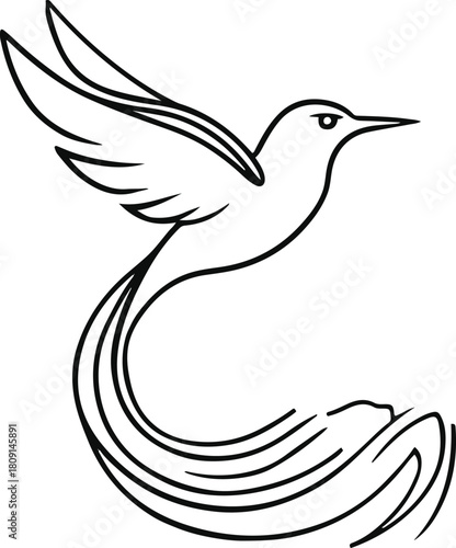 Continuous-line bird in flight where the wing transforms into a flowing ribbon-like pattern, symbolizing freedom