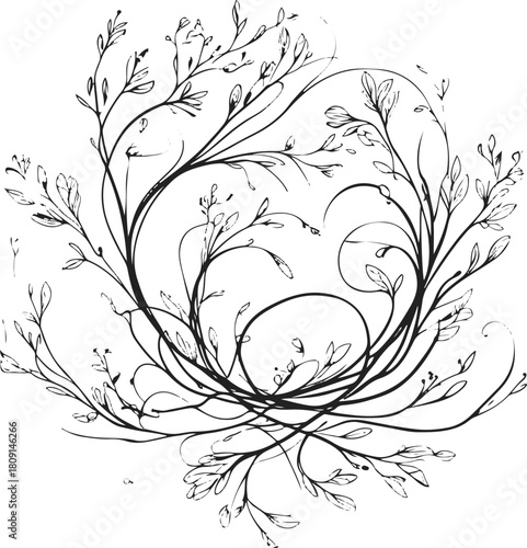  Floating botanical cluster formed with ultra-thin monoline strokes, arranged in a spiral composition suggesting growth and expansion 1