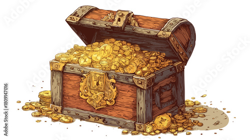 Vintage Wooden Treasure Chest with Gold Coins and Large Lock - Riches of the Past