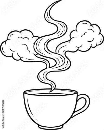 Minimalistic tea cup with rising steam made from elegant wavy lines that transition into cloud shapes above