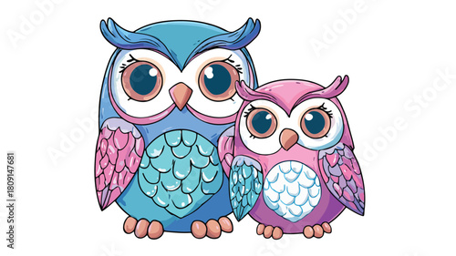 Cute Kawaii Owl and Baby Cartoon Character in Colorful Design