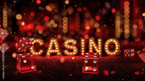 Glowing casino letters shine among floating red dice and golden bokeh lights in a dramatic scene