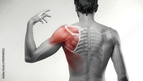 Shoulder pain anatomy highlighted on male back with skeleton and muscle overlay