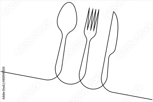 One continuous line art drawing of food tools. fork, spoon and knife for decoration restaurant menu linear design vector illustration