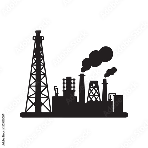 Black and White Factory Silhouette with Oil Rig and Smoke Stacks