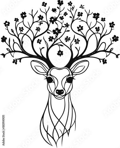 Single continuous line forming a deer whose antlers transform into a blooming tree — symbol of life and renewal 2