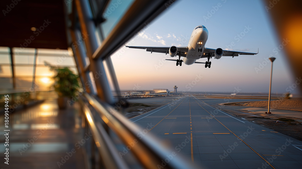 Fototapeta premium Defocused airport terminal foreground framing a clear view of a neutral airplane descending onto a Saudi runway at golden hour, with copy space