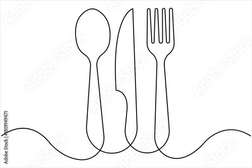 One continuous line art drawing of food tools. fork, spoon and knife for decoration restaurant menu linear design vector illustration