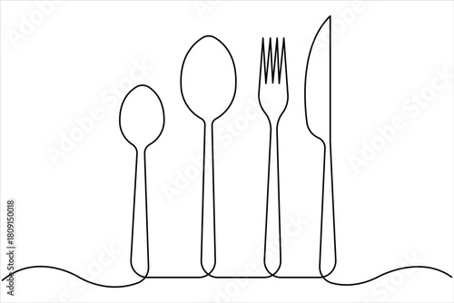 One continuous line art drawing of food tools. fork, spoon and knife for decoration restaurant menu linear design vector illustration