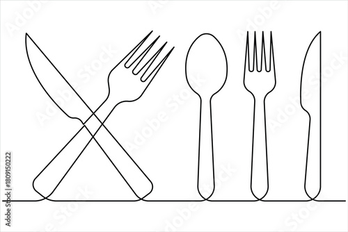 One continuous line art drawing of food tools. fork, spoon and knife for decoration restaurant menu linear design vector illustration