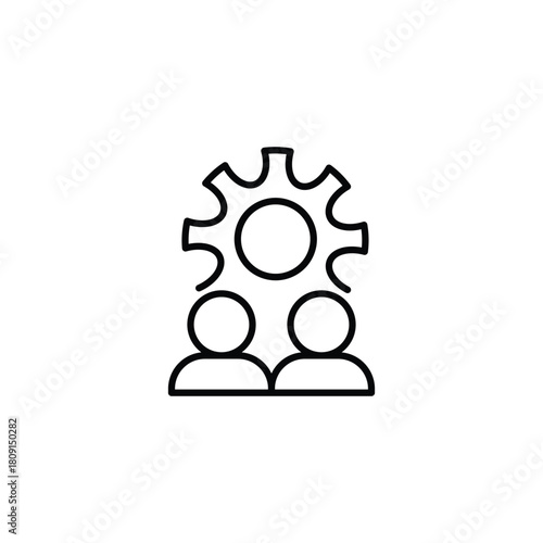 Minimal line icon showing people around a gear, symbolizing teamwork, workflow, collaboration, and group problem-solving. Perfect for business strategy, project management, process optimization design