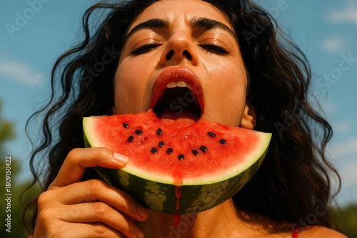 Woman Taking a Large Bite of Juicy Watermelon Slice Outdoors