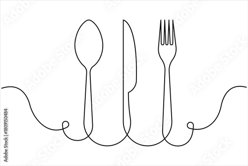 One continuous line art drawing of food tools. fork, spoon and knife for decoration restaurant menu linear design vector illustration